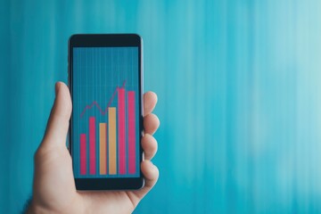 Businessman holding stock mobile phone and market economy graph statistic showing growth of profit analyzing financial exchange on blue background. with generative ai