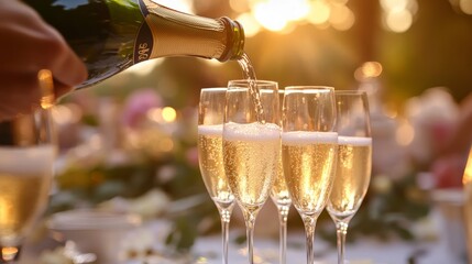 champagne is poured into glasses on the table