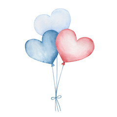Watercolor illustration of heart balloons isolated on white background.