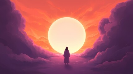 Fototapeta premium A serene figure stands amid vibrant clouds, gazing toward a radiant sunset, evoking peace and reflection in nature.
