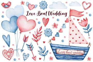 Set of watercolor illustrations of a boat, hearts, bird, branches, balloons in pink flowers isolated on a white background for Valentine's day, wedding.