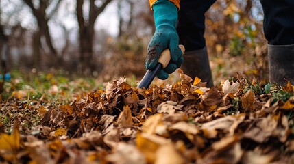 Obraz premium A man with gloved hands rakes and gathers fallen autumn leaves into a pile on the ground. This act represents the concepts of volunteering, cleaning, and ecology, as it involves taking the initiative