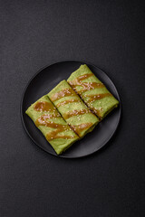 Spinach Crepes stuffed with chicken, mushrooms, salt and spices