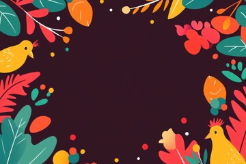 Leafy border with vibrant abstract birds and plants on dark background.