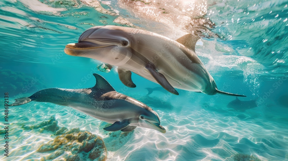 Wall mural dolphins swimming gracefully underwater, their sleek bodies gliding through the clear blue ocean. th