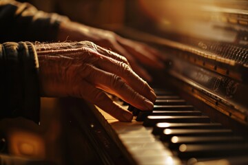 A man attired in a suit, engaged in playing the piano, exuding professionalism and a love for music, Intense emotion radiating from every note played, AI generated