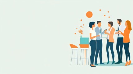 Illustration of colleagues networking and conversing in a modern office environment, emphasizing teamwork and communication.