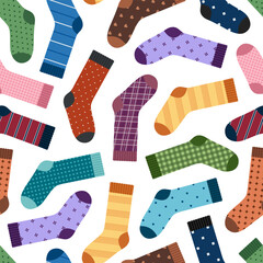 Seamless pattern with socks. Colored pairs of socks with different ornaments on white background. Foot apparel collection. Cotton and wool accessory. Vector flat illustration