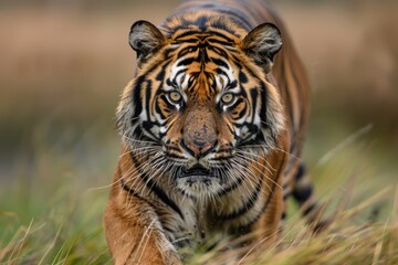 Fototapeta premium A fierce tiger prowls through the tall grass, its intense gaze locked on its prey. This powerful image captures the raw strength and majesty of this apex predator in the wild.