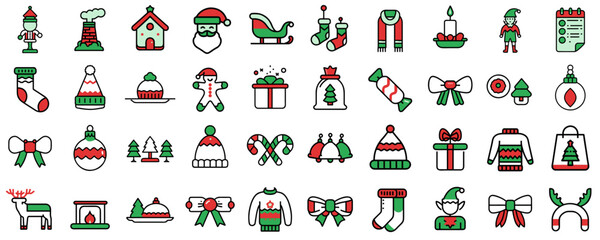 Obraz premium Festive Set of Colored Christmas and Holiday Icons in Minimalist Style