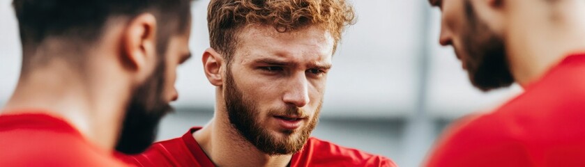 Fototapeta premium Soccer player being helped off the field after a collision, teammates showing concern, [sport injury + accident]