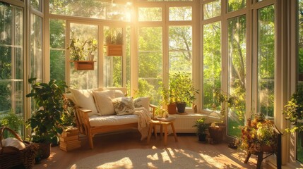 Fototapeta premium Sunlit bay window with cozy seating, plants, and a wicker basket.