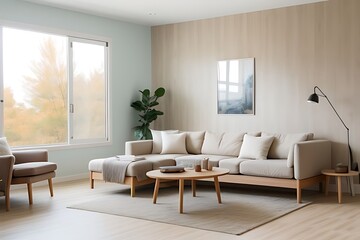 Fototapeta premium living room with champagne worn-effect wall and large window in pastel and deep champagne hues.