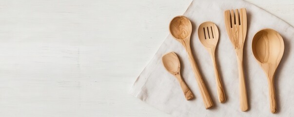 A collection of elegant wooden kitchen utensils arranged on a soft fabric, perfect for cooking and serving delicious meals. - Powered by Adobe