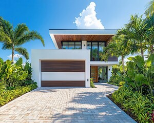 Modern Miami home with a sleek white and brown garage door
