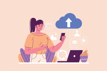 Cloud service concept with people scene in the flat cartoon design. A woman uses her smartphone to manage cloud storage services, surrounded by various digital icons. Vector illustration.