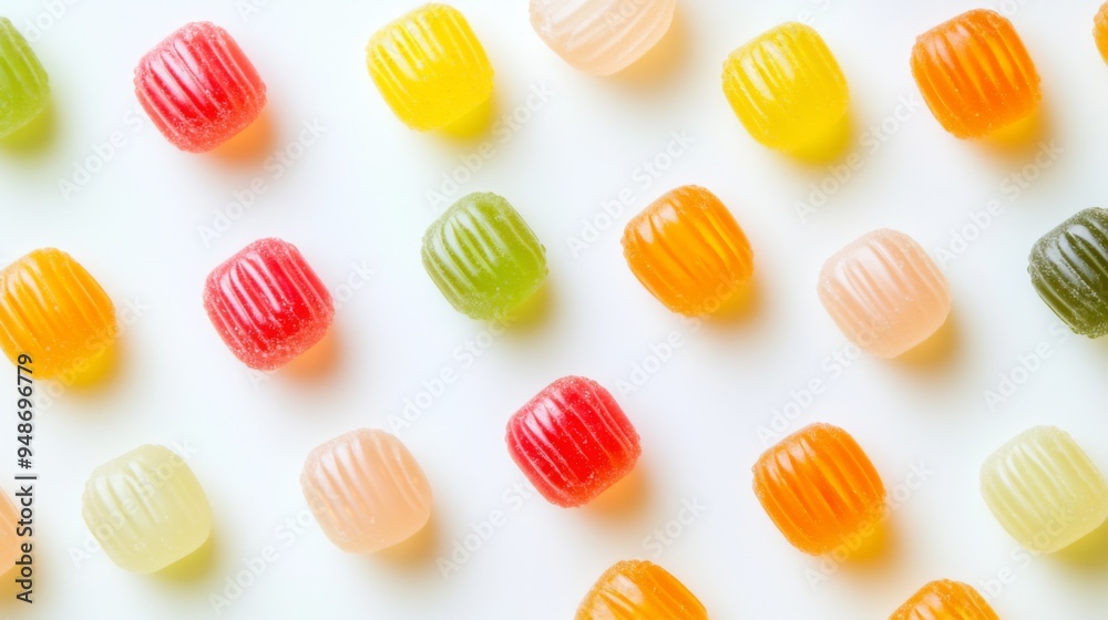 Poster A vibrant image of multiple hard candies in various flavors and colors, arranged in a pattern or grid on a white background to create a visually appealing effect.