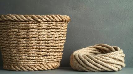 Obraz premium Stylish natural rope baskets add a touch of rustic charm to any decor. Perfect for storage or as decorative elements.