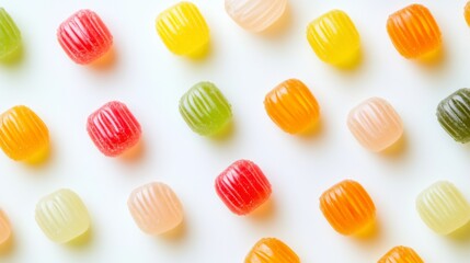 Obraz premium A vibrant image of multiple hard candies in various flavors and colors, arranged in a pattern or grid on a white background to create a visually appealing effect.