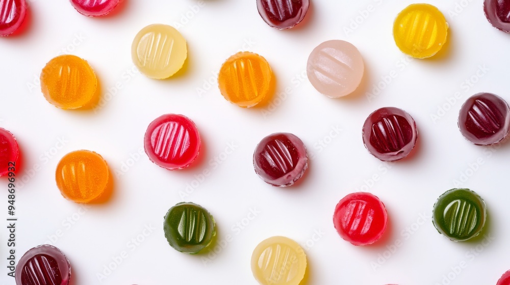 Leinwandbilder A vibrant image of multiple hard candies in various flavors and colors, arranged in a pattern or grid on a white background to create a visually appealing effect.