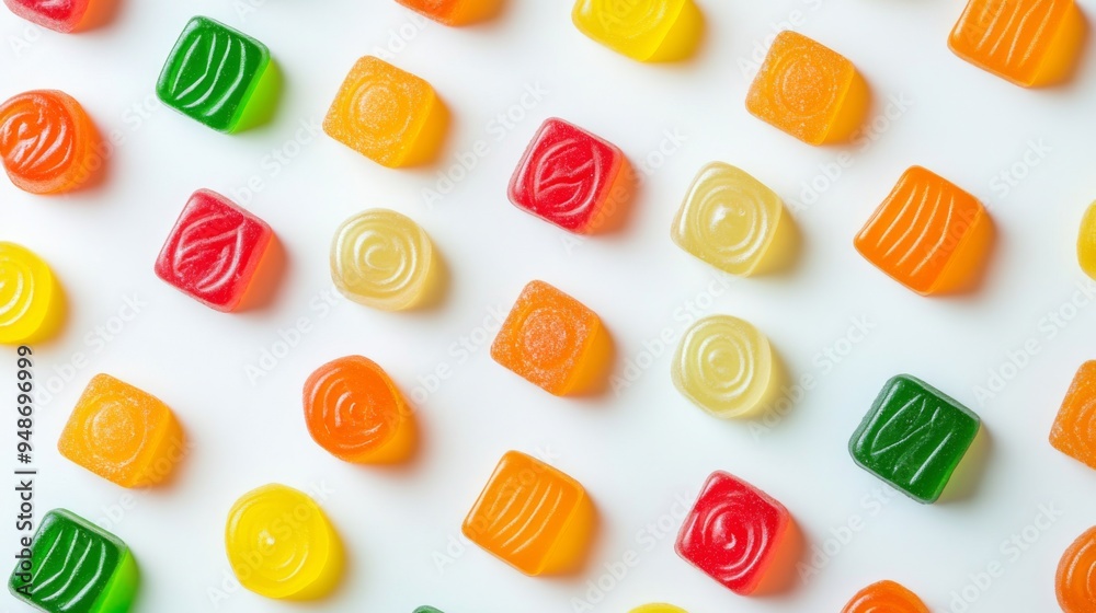 Aufkleber A vibrant image of multiple hard candies in various flavors and colors, arranged in a pattern or grid on a white background to create a visually appealing effect.