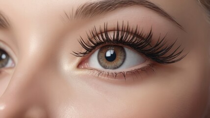 Female eye with dramatic eyelash extensions, macro close-up real photo 4k more sharp
