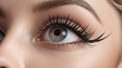 Female eye with dramatic eyelash extensions, macro close-up real photo 4k more sharp