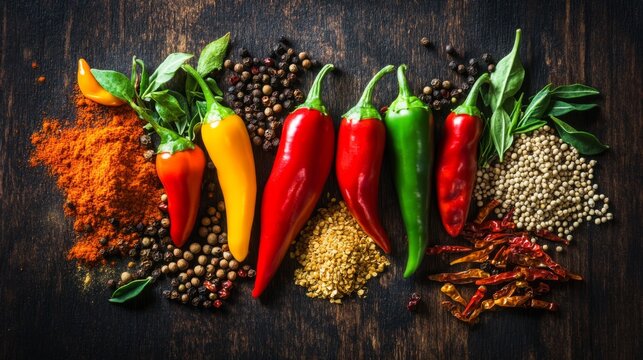 A vibrant overhead view of a variety of chili peppers, including red, green, and yellow, alongside whole spices like cumin and coriander on a wooden surface.