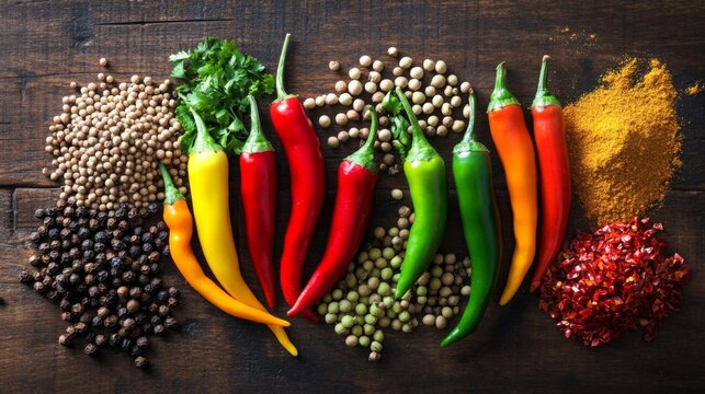 A vibrant overhead view of a variety of chili peppers, including red, green, and yellow, alongside whole spices like cumin and coriander on a wooden surface.