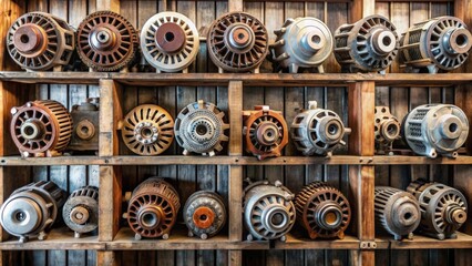 Fototapeta premium Assorted collection of industrial alternators on vintage workshop shelves, vintage, workshop, industrial, alternators, collection