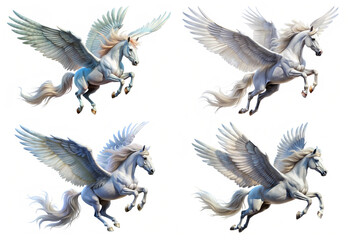 Obraz premium Set of majestic white winged horse pegasus in flight png