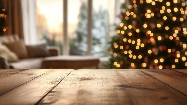 A vacant table with a minimalist decor, a blurry background of a warm living room, and a snow-covered Christmas tree with lights. A blank space for advertising or displaying products. 