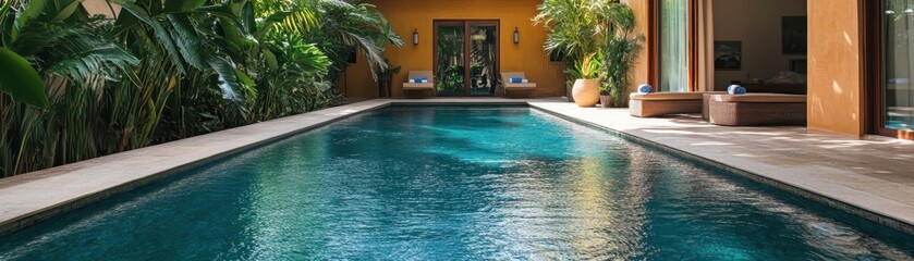 Luxurious tropical villa with a private swimming pool surrounded by lush greenery, perfect for a relaxing getaway.