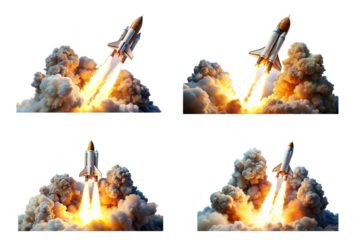 Set of rocket launch with fire and smoke trail png