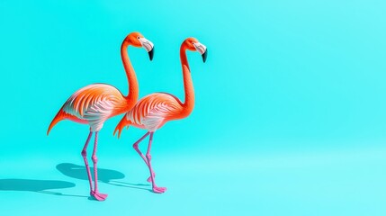Fototapeta premium Flamingo Playtime, two vibrant flamingo toys in bright orange and blue, one standing and one running under a sunny sky, casting playful shadows on a cheerful day.