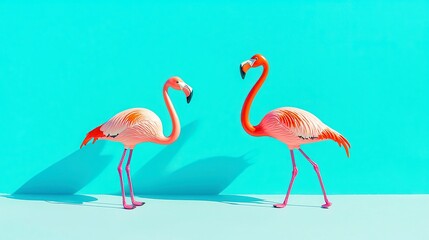 Obraz premium Flamingo Playtime, Two vibrant flamingo toys, one standing and one running, basking in the warm sun, set against a cheerful blue backdrop, perfect for playful creativity.