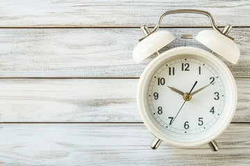 Change time. Summer time concept, on a wooden background. A white alarm clock with a minute hand indicates that the time has been moved forward an hour with copy space with generative ai