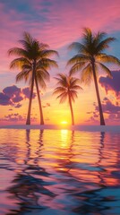 Obraz premium Breathtaking Tropical Sunset Over Secluded Island Paradise with Reflective Azure Waters and Swaying Palm Trees