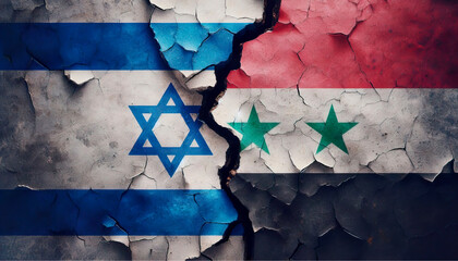 Flags of Israel and Syria on cracked surface. The juxtaposed flags of Israel and Syria appear on a worn and cracked surface, symbolizing geopolitical tensions