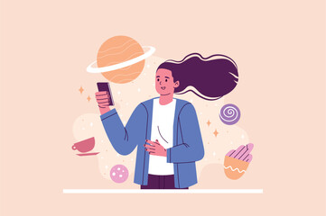 Open space concept with people scene in the flat cartoon design. A fun and vibrant illustration showing a man surrounded by a digital universe with planets in the background. Vector illustration.