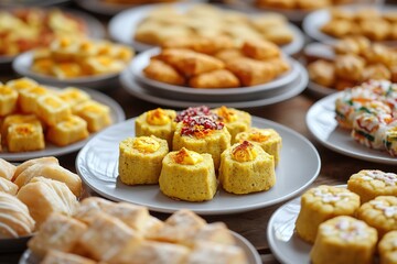 Assorted Indian sweets on plates, vibrant colors, shallow focus