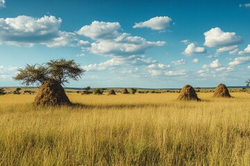 Fototapeta premium Serene African Landscape with Termite Mounds and Blue Sky