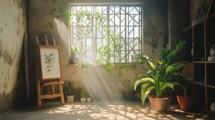 Sunbeams through a window illuminate an art studio with an easel and plants.