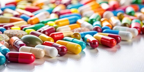 Close up of a variety of pills and capsules scattered on a white surface, medicine, healthcare, pharmaceuticals