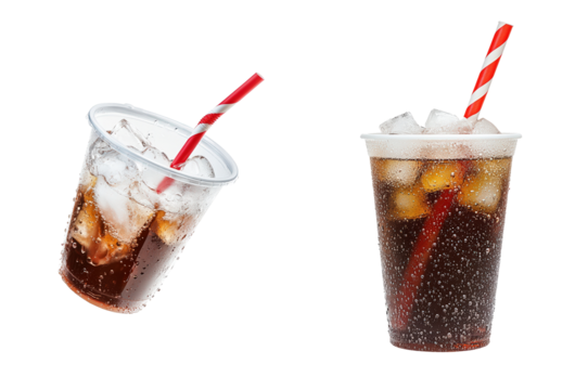 Two plastic cups of cola with ice and striped straws, isolated on a blank background.