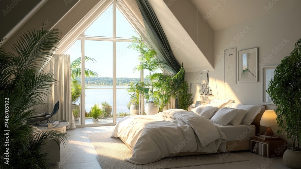 Poster A serene bedroom with a large window overlooking a lake and a cozy bed with white bedding.