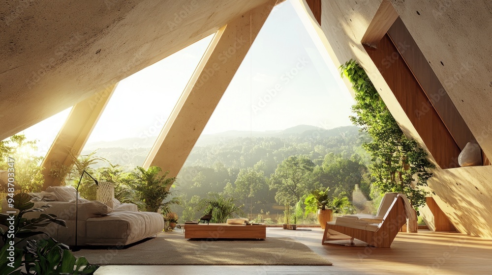 Canvas Prints Modern living room with large windows overlooking a lush green forest.