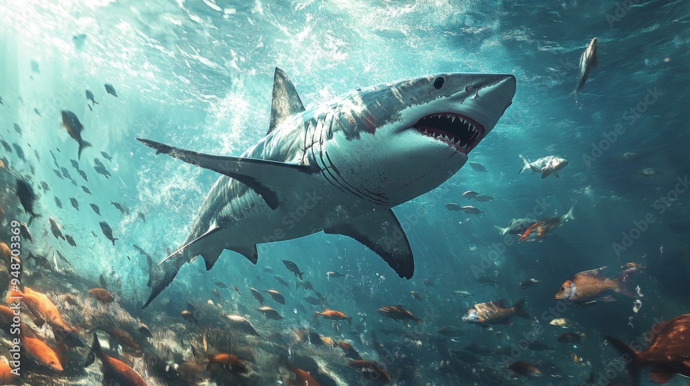 Poster a wide-angle view of a shark hunting in its natural habitat, with schools of smaller fish scattered 