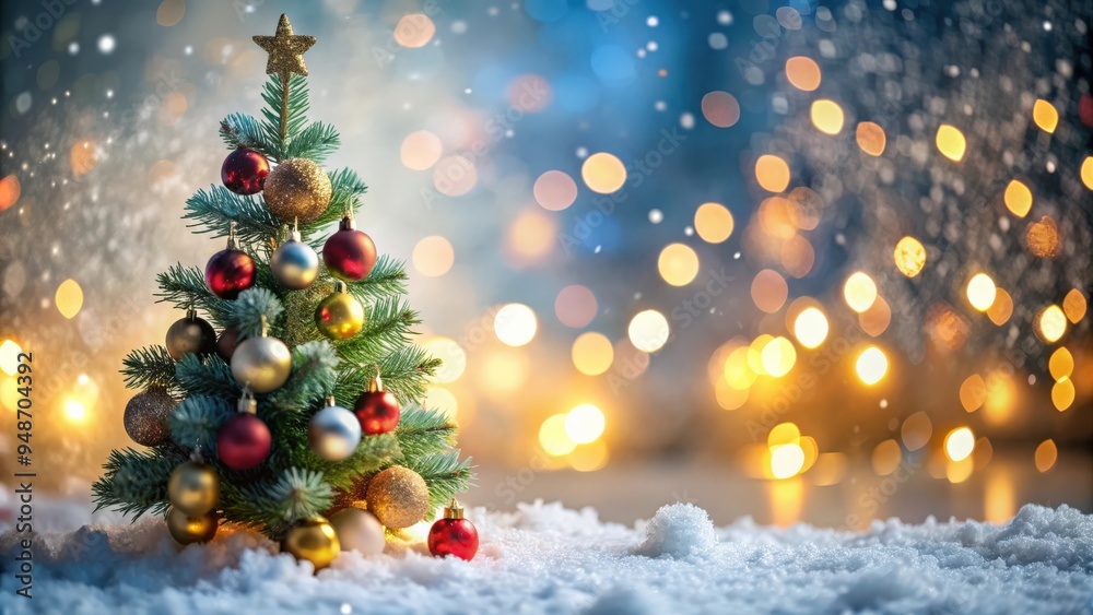 Aufkleber blurred glowing lights on a christmas tree with ornaments and bokeh lights on a snowy background, ch