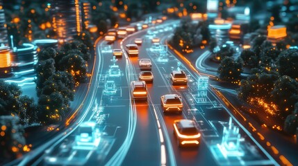 Obraz premium A futuristic city grid with autonomous vehicles navigating through AI-controlled traffic systems
